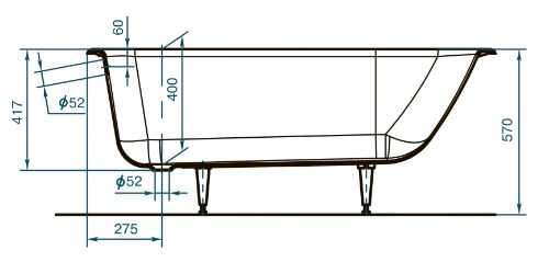 Схема чугунной ванны Классик 150x70, разрез, вид сбоку, чертеж, Завод Универсал